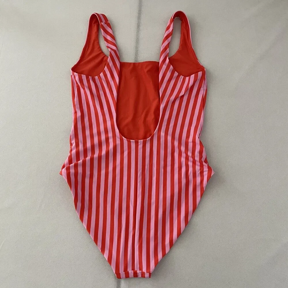 J.Crew One Piece Swimsuit Striped Pink Orange Square Neck Size 16 Reversible
